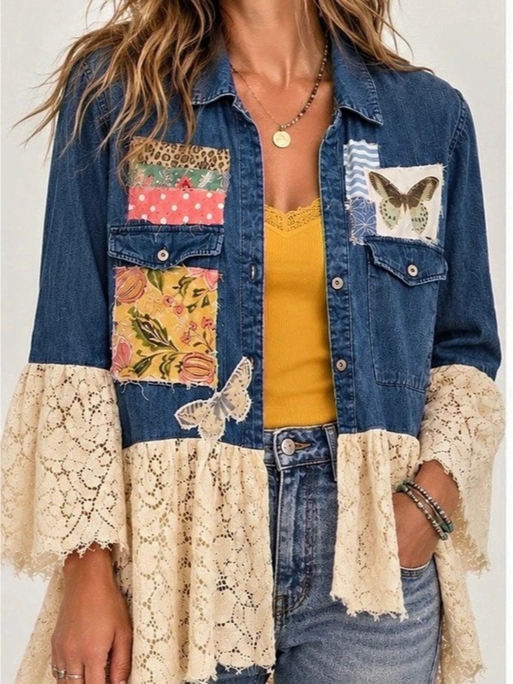 UpcycledKnox Rose Upcycled Denim Lace Patchwork Jacket/duster XL